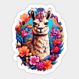 Llama in Floral Crown: A Serene Portrait Sticker